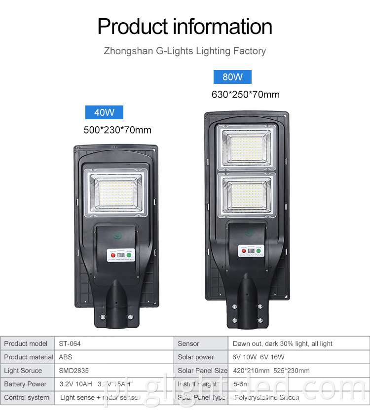 Controle remoto externo de alta qualidade em um poste de luz solar de 20 40 60 watts